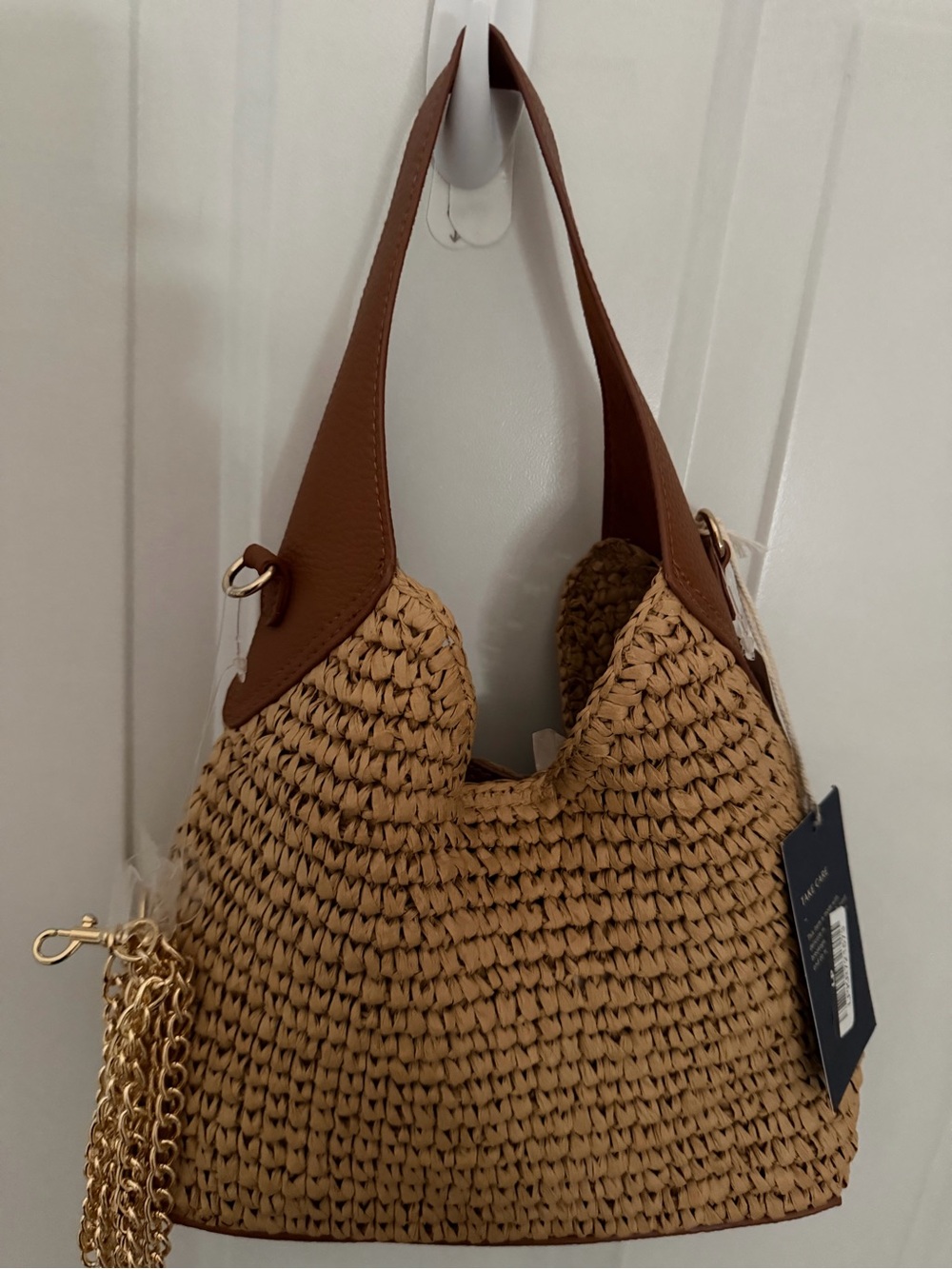 Woven Straw Hobo Tote with Brown Leather Trim - Picture 7 of 10